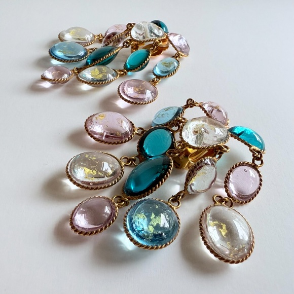 Vintage French Gripoix Poured Glass Chandelier Earrings Pink Blue Gold Leaf Foil - Picture 7 of 16
